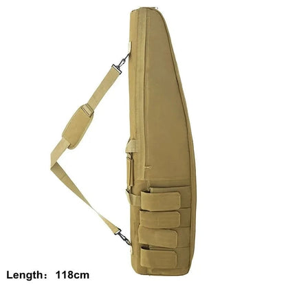 Tactical Rifle Case in tan color, water-resistant 600D Oxford fabric, 118cm length, with MOLLE webbing for accessories.