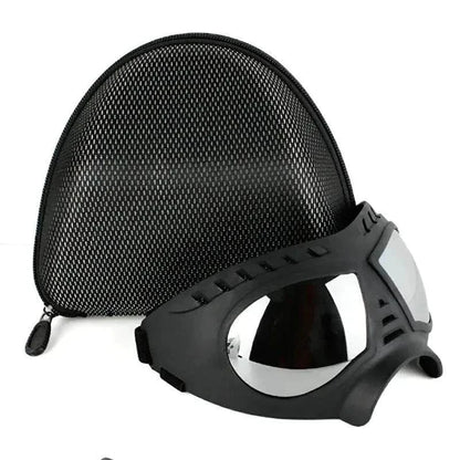 Tactical dog glasses with UV protection and adjustable straps, shown with a protective carrying case.