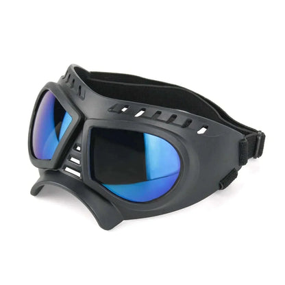 Tactical dog glasses with UV protection, black frame, and blue lenses.