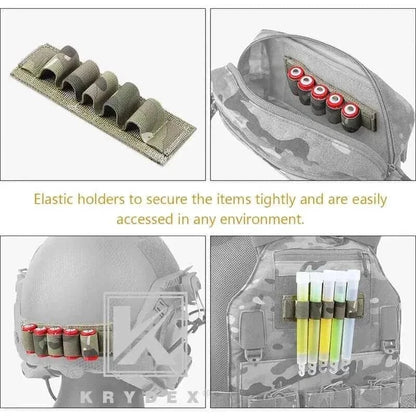 Tactical Cyalume Stick Holder attached to gear, showcasing elastic holders and versatile attachment options.