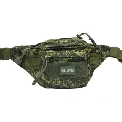 Tactical Bum Bag in camouflage design with multiple zippered pockets and adjustable strap.