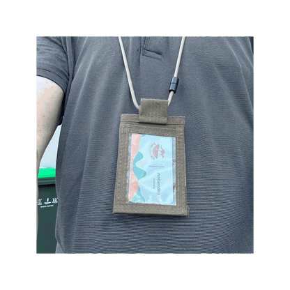 Tactical ID Holder worn around neck with visible ID card in PVC window.