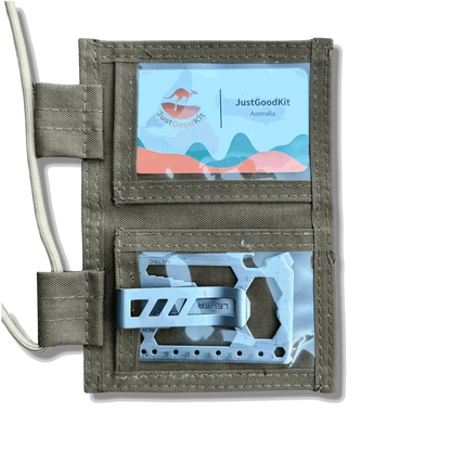 Tactical ID holder with nylon build, featuring versatile compartments and clear PVC windows for cards and IDs.