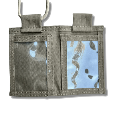 Tactical ID Holder with nylon build, versatile compartments, PVC windows, and parachute cord lanyard.