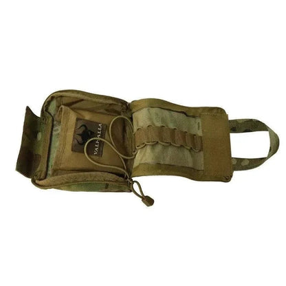 Multicam medical pouch with MOLLE compatibility, durable 1000D nylon, and drop-down zippered compartment.