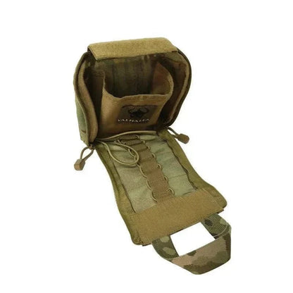 Multicam medical pouch with MOLLE attachment and open zippered compartment.