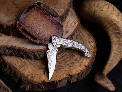 premium lockback utility knife with engraved stainless steel and leather sheath