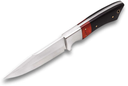 High carbon steel hunting knife with bull horn and Pakka wood handle, featuring a full tang blade design.