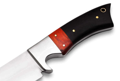 High Carbon Steel Hunting Knife with bull horn and Pakka wood handle, full tang design.