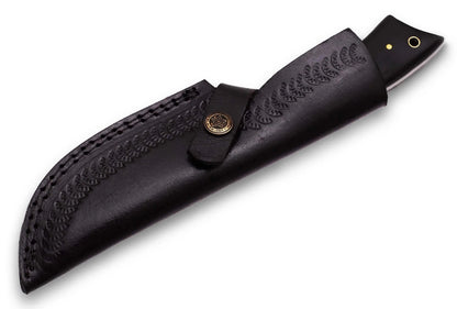 High Carbon Steel Hunting Knife with leather sheath and full tang design.