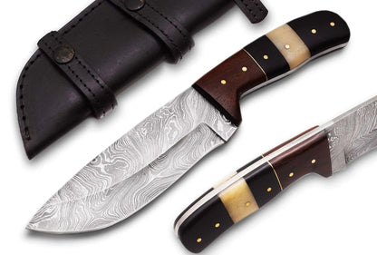 Damascus Steel Hunting Knife with Pakka Wood handle and custom leather sheath.