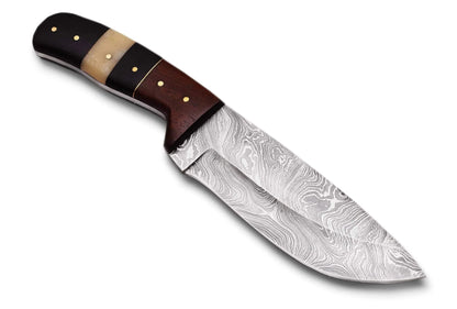 Damascus Steel Hunting Knife with patterned blade and wood handle.