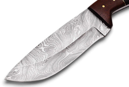 Damascus Steel Hunting Knife with a hand-forged blade and wood handle.