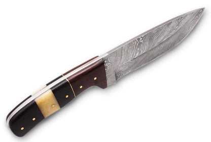 Damascus Steel Hunting Knife with Pakka Wood handle and intricate blade pattern.