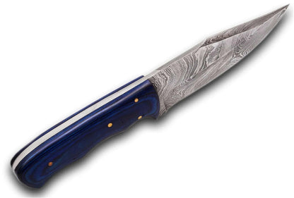 Damascus Steel Hunting Knife with Pakka Wood handle and patterned blade.