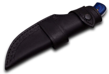 Damascus Steel Hunting Knife with leather sheath, featuring Pakka Wood handle.