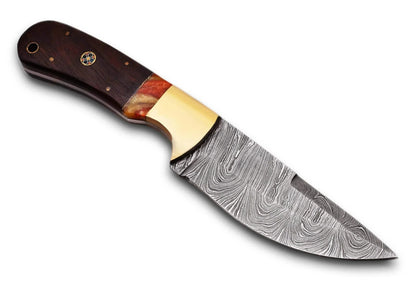 Damascus Steel Hunting Knife with pattern welded blade and Pakka wood handle.