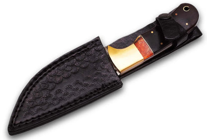 Damascus Steel Hunting Knife with sheath, featuring a hand-forged blade and Pakka Wood handle.