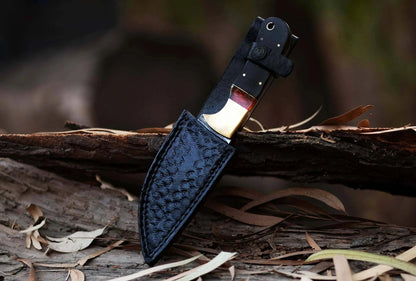 Damascus Steel Hunting Knife with custom leather sheath and Pakka Wood handle, ideal for hunting and skinning.