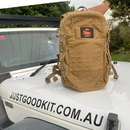 JustGoodKit Morale Patch on backpack, showcasing military style and Velcro attachment, on a vehicle with justgoodkit.com.au branding.