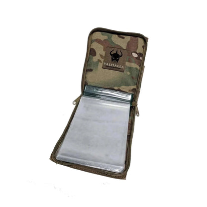 Tactical Notebook Cover by Valhalla in Multicam Cordura with open view showing interior slots.