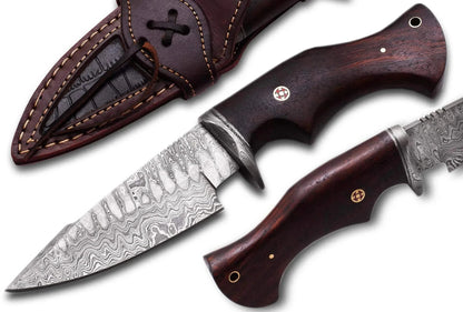 Damascus Steel Hunting Knife with rosewood handle and leather sheath.