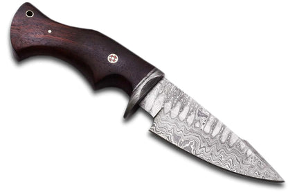 Damascus Steel Hunting Knife with rosewood handle and patterned blade.