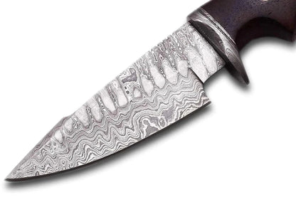 Damascus steel hunting knife with patterned blade and rosewood handle.