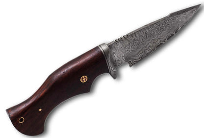 Damascus Steel Hunting Knife with rosewood handle and patterned blade.