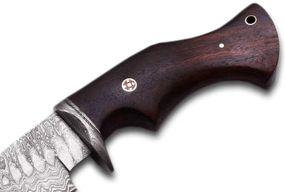 Damascus Steel Hunting Knife with rosewood handle and patterned blade.