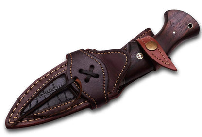 Damascus Steel Hunting Knife with rose wood handle and leather sheath.