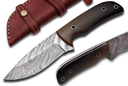 Damascus Steel Hunting Knife with bull white horn handle and leather sheath.