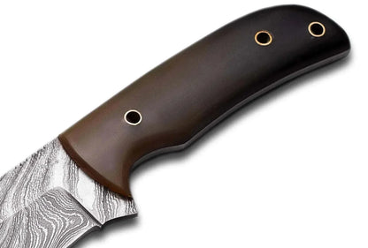 Damascus Steel Hunting Knife with bull horn handle and pattern welded blade.