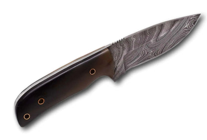 Damascus Steel Hunting Knife with patterned blade and bull horn handle.