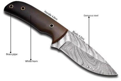Damascus Steel Hunting Knife with bull white horn handle and patterned blade.