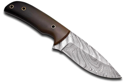 Damascus Steel Hunting Knife with patterned blade and white horn handle.