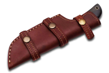 Damascus Steel Hunting Knife with leather sheath and bull white horn handle.