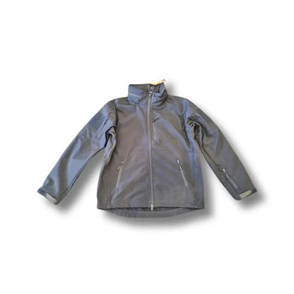 Tactical softshell jacket by Valhalla in gray, featuring water-resistant fabric, zippered pockets, and adjustable collar.