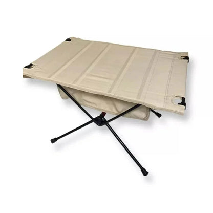 Ultra-light portable camping table, foldable, beige color, with lightweight aluminum frame and durable Oxford cloth, ideal for outdoor use.