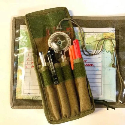 MOLLE compatible pen pouch with pens and tools inside, ideal for tactical and outdoor use.