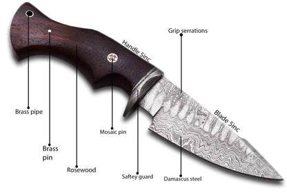 Damascus Steel Hunting Knife with rosewood handle and detailed blade design.