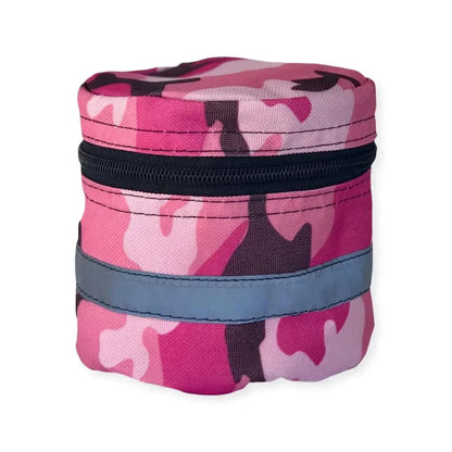 Camouflage toilet roll storage holder with a zipper and reflective tape.