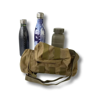 Tactical water bottle carrier with MOLLE system and camouflage design, holding various bottles.