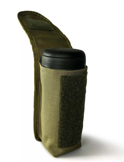Modular utility pouch for outdoor adventure with adjustable Velcro closure, crafted from durable 1000D nylon, shown holding a black thermos.