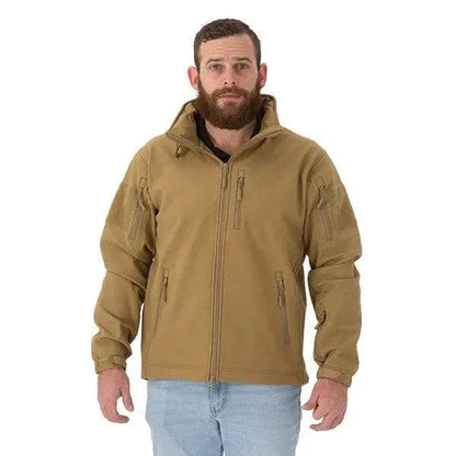 Tactical Softshell Jacket by Valhalla in coyote color, featuring multiple pockets, reinforced elbows, and integrated hood.
