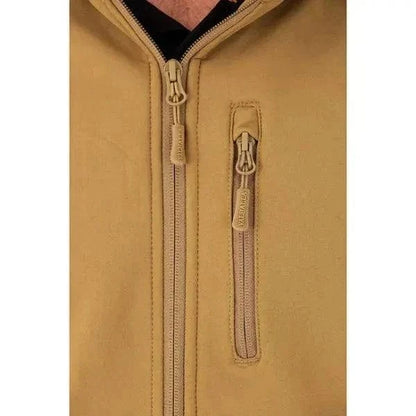 Close-up of the Valhalla Tactical Softshell Jacket in Coyote, highlighting the durable zippers and chest pocket.