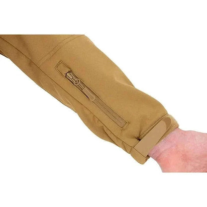 Close-up of a reinforced elbow and zippered pocket on the Valhalla Tactical Softshell Jacket in coyote color.