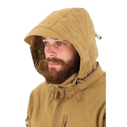 Man wearing Valhalla Tactical Softshell Jacket with adjustable hood in coyote color.
