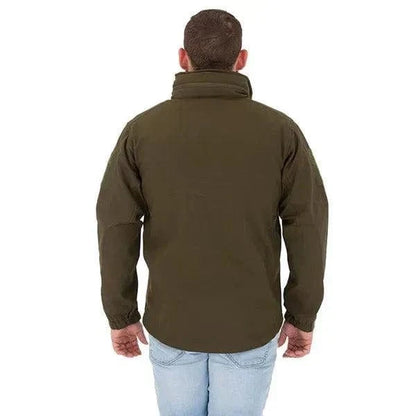 Tactical Softshell Jacket by Valhalla in olive, rear view on person, showing adjustable collar and durable fabric.