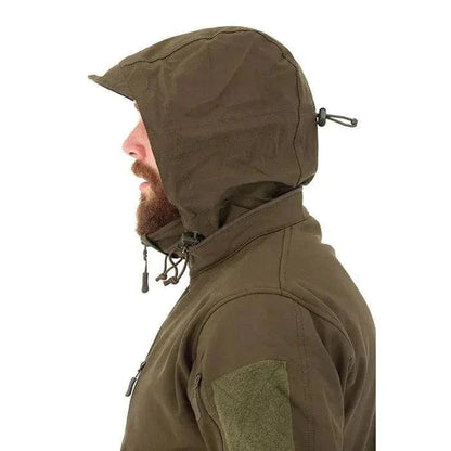 Tactical softshell jacket with adjustable hood and reinforced elbows.
